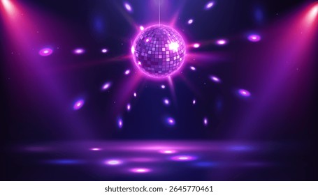 Night club with Disco ball rays. Dance floor room with mirror ball reflections and stage for parties and events. Neon glowing space for hangout and entertainment. Cartoon realistic vector illustration