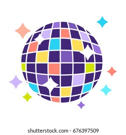 Night club disco ball with sparkling lights party vector flat icon