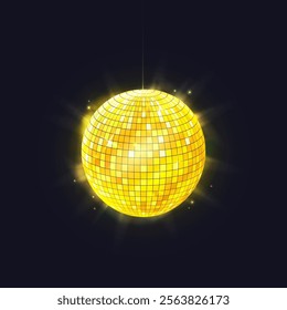 Night club disco ball or vector discotheque mirrorball for 90s and 80s party. Entertainment sphere for holiday or event illustration. Discoball for clubbing equipment. Decorative globe for nightlife