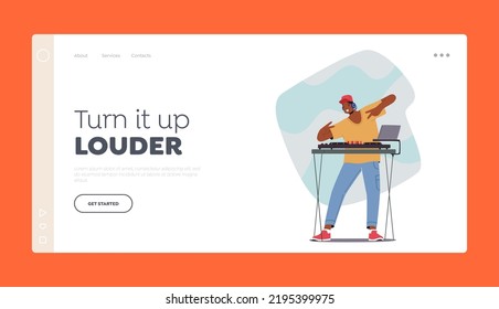 Night Club Disco Party Landing Page Template. Happy Dj Male Character in Headphones on Head Playing and Mixing Music. Fun, Youth, Entertainment and Fest Concept. Cartoon Cartoon Vector Illustration