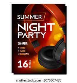 Night club disco poster vector. Abstract modern techno music. Trance night summer glow. Bright pamphlet. 3d realistic illustration