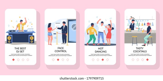 Night club dj dance disco party. Happy dancing people, dj music, tasty alcohol cocktails, face control. Mobile app screens. Vector banner template for website and mobile development.