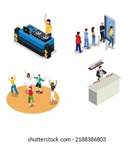 Night club dj dance disco party characters isometric 3d vector illustration concept for banner, website, illustration, landing page, flyer, etc.