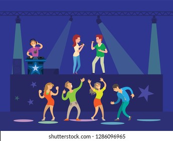 Night club, dj making music, girl and boy singing song on stage. Cheerful people dancing with hand up, disco and light effects, karaoke festival vector