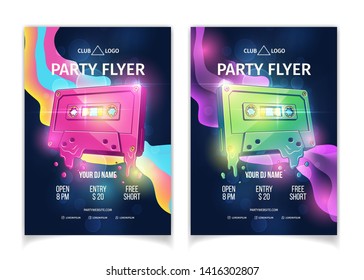 Night club DJ party, retro music event or concert cartoon vector advertising flyer, placard with announcement page template. Melted and flowing magnetic tape audio cassette plastic body illustration