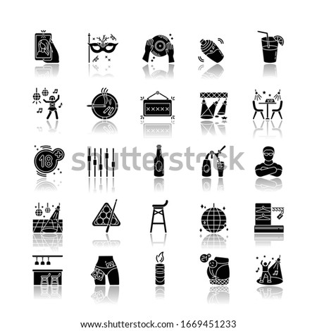 Night club drop shadow black glyph icons set. Entertainment venue, dancing and drinking establishment. Nightclub lifestyle, late night party. Isolated vector illustrations on white space