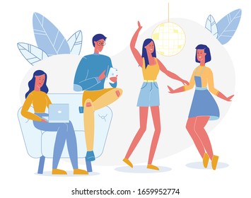 Night Club Entertainment Flat Vector Illustration. Two Girls Dancing Together under Disco Ball. Man and Woman Cartoon Characters Sitting on Sofa, Using Laptop, Smartphone Modern Technologies