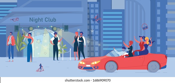 Night Club Entrance. Beautiful People Outside. Friend Group Driving Car. Young Elegant Woman Taking Selfie For Social Network On Phone. Security Meeting Couple Visitor. Vector Lifestyle Illustration