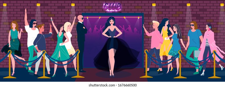 Night Club Entrance, Beautiful Woman In Dress, People Stand In Line, Vector Illustration. Celebrity Goes To Party In Nightclub, Famous Model Cartoon Character. Nightlife Party, Music Concert In Club