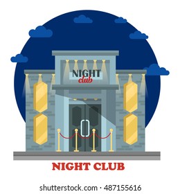 Night Club Facade With Entrance And Lights. Building Or Construction For Chill Out And Relaxation On Holidays, Dancing. House For Leisure And Alcohol Drinking. Structure Outdoor Exterior View