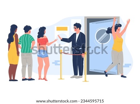 Night club face control security service vector illustration. Guard man person inviting guest, checking list and tickets at door entrance