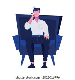 Night club flat composition with isolated character of man sitting in chair smoking cigar vector illustration