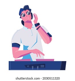 Night club flat composition with isolated character of dj in sunglasses playing set with headphones vector illustration