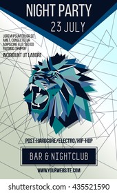  Night club flayer template with roar lion. Triangular background. Template for web banners and posters. Vector illustration