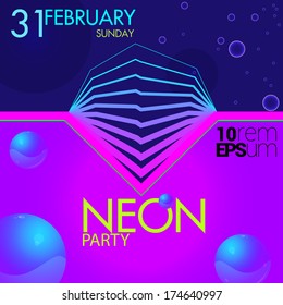Night club flyer for neon party. Neon party template. Illustrator template. Party background. Party flyer. Neon light. Vector template. Acid colors. Vector illustration.