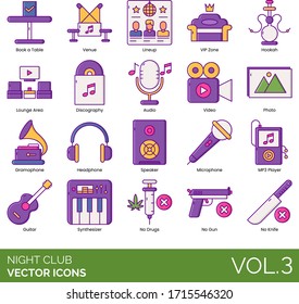 Night Club Icons Including Book A Table, Venue, Lineup, VIP Zone, Hookah, Lounge Area, Discography, Audio, Video, Photo, Gramophone, Headphone, Speaker, Microphone, Guitar, Synthesizer, No Drugs, Gun.