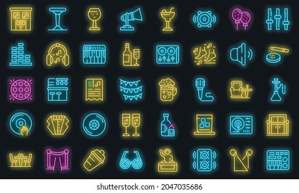 Night club icons set. Outline set of night club vector icons neon color on black