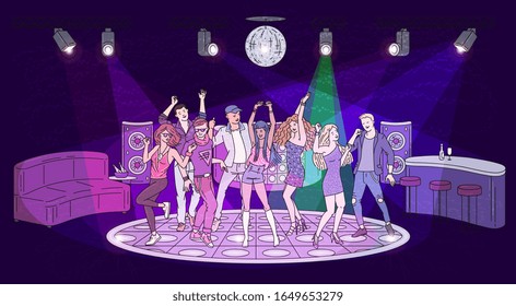 Night club interior background with dance floor and people characters dancing disco sketch cartoon vector illustration. Nightlife and discotheque party layout.