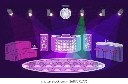 Night club interior with empty dance floor, spot lights, DJ booth and alcohol bar inside dark room. Nightclub with nobody inside - flat vector illustration.