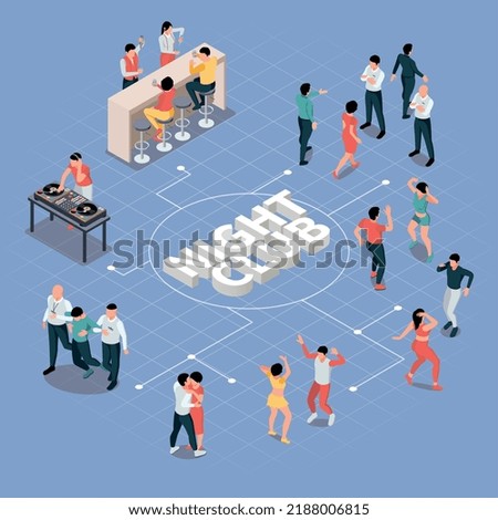 Night club isometric composition with flowchart of 3d text surrounded by party people bartenders and deejays vector illustration