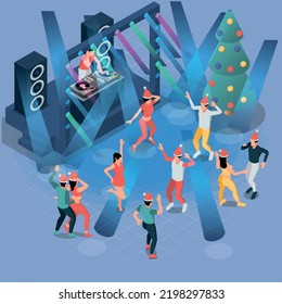 Night club isometric new year composition with indoor view of dancefloor stage dj and dancing people vector illustration