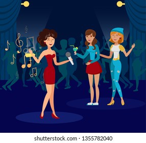 Night Club, Karaoke Party Flat Vector Illustration. Female Singer at Hen Party, Bachelorette Party Cartoon Characters. Girlfriends Enjoy Cocktail and Dancing. Concert, Disco Event Celebration