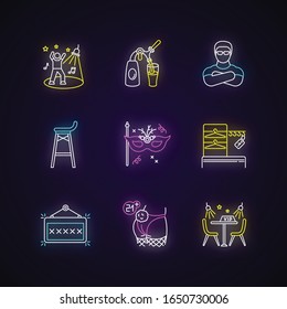 Night club leisure neon light icons set. Nightclub party, clubbing lifestyle signs with outer glowing effect. Dancing and drinking establishment. Vector isolated RGB color illustrations