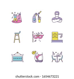 Night club leisure RGB color icons set. Nightclub party, discotheque, clubbing lifestyle symbols. Dancing and drinking establishment, entertainment venue. Isolated vector illustrations