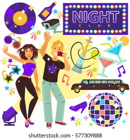 Night club life entertainment party set with boy doing selfie and dancing girl. Bright disco ball, black limousine, glasses with cocktails, sunglasses in round and star shapes, video camera.