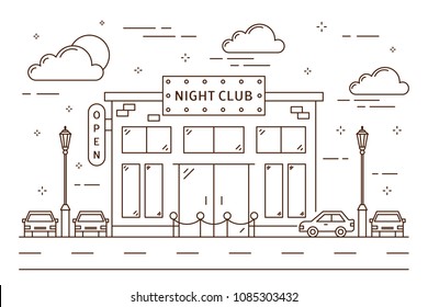 Night Club Line Building On White Background.