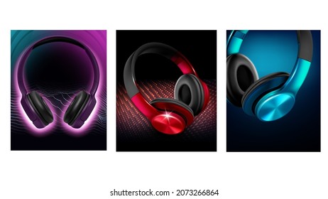 Night club music poster set vector. Event party concept. Show card design. Dark neon light. 3d realistic illustration