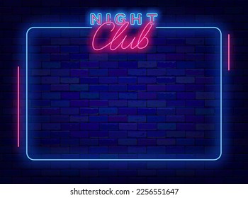 Night club neon advertising. Blue frame with space for text. Shiny lettering. Dance event. Minimal banner on brick wall. Gambling concept. Bright flyer. Glowing poster. Vector stock illustration