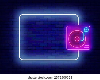 Night club neon announcement. Empty purple frame and dj player recorder. Vector stock illustration