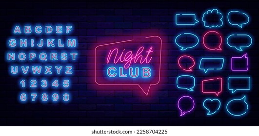 Night club neon flyer. Evening party. Speech bubbles frames set. Luminous flyer. Disco dance club performance. Light advertising. Shiny blue alphabet. Vector stock illustration