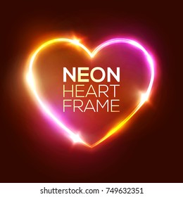 Night Club Neon Heart Sign. 3d Retro Light Signboard With Shining Neon Effect. Techno Frame With Glowing On Dark Pink Backdrop. Electric Street Banner Design. Colorful Vector Illustration in 80s Style