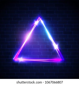 Night Club Neon Light Border On Brick Wall. Triangle Background. Glowing Electric Abstract Frame On Dark Backdrop. Neon Sign Banner With Glow. Bright Vector Illustration With Lights Flares And Sparkle