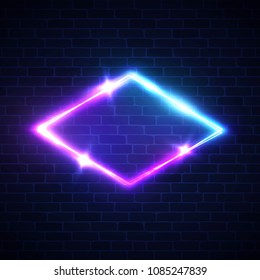 Night club neon light rhomb on brick texture. 3d lozenge sign with neon effect. Techno rhombus background. Glowing brill frame on brick wall. Electric street diamond. 80s style vector illustration.