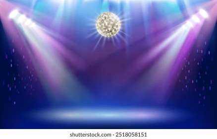 Night club with neon lights and disco ball. Stock vector background