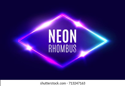 Night Club Neon Rhomb. Retro Light Lozenge Sign With Neon Effect. Techno Rhombus Background. Glowing Brill Frame On Dark Blue Backdrop. Electric Street Diamond. Vector Illustration in 80s Style.