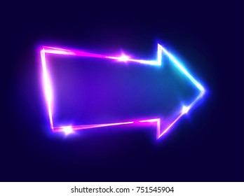 Night Club Neon Sign Arrow. 3d Retro Light Bar Pointer With Neon Effect. Techno Frame On Dark Blue Backdrop. Electric Street Banner Design. Colorful Vector Illustration of Signage in 80s Style.