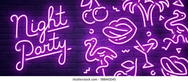 Night club neon sign. Night party  banner, logo, emblem and label. Neon sign, bright signboard, light banner.