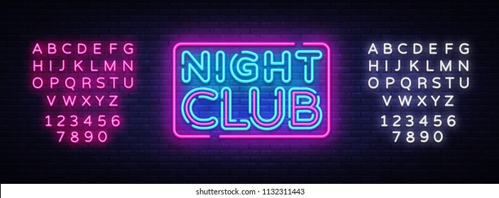 Night Club neon sign vector. Night Club design template neon sign, light banner, neon signboard, nightly bright advertising, light inscription. Vector illustration. Editing text neon sign