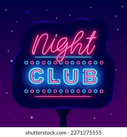 Night club neon street billboard. Outdoor poster template. Glowing invitation. Vintage design. Disco dance performance. Light party advertising. Vector stock illustration