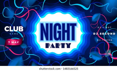 Night club party blue abstract creative banner background with forest leaves and neon color tropical decoration. Vector poster design