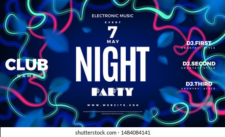Night club party blue abstract creative banner background with forest leaves and neon color tropical decoration. Vector poster design