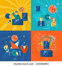 Night club party flat icons set with men and women playing music and dancing vector illustration