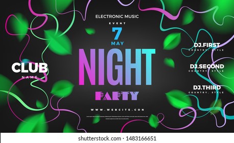 Night club party green abstract creative banner background with forest leaves and neon color tropical decoration. Vector poster design