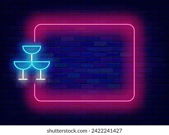 Night club party neon greeting card. Drink glasses pyramid and empty pink border. Alcohol cocktail. Cafe, bar advertising. Party celebration. Copy space. Editing text. Vector stock illustration