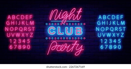 Night club party neon label. Evening event. Luminous flyer. Disco dance club performance. Vintage design. Light advertising. Shiny blue and pink alphabet. Vector stock illustration