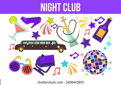 Night club partying elements limo and hookah disco ball shining object vector bottle with beverage and emblem glasses and notes loud music and cocktails with lime shoes and stars fun nightlife